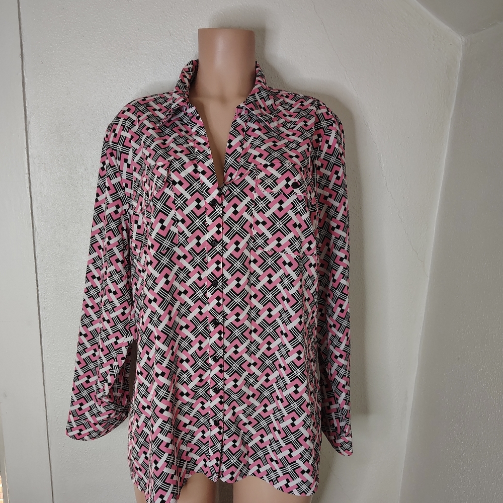 Notations Woman Button Front Blouse Pink Black Geometric Print Size 2X